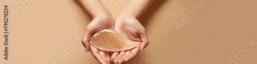 Stone of Beauty & Relaxation: Female Model Holding Gua Sha Scraper for Facial Massage & Lifting photo