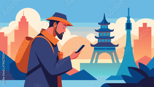 A traveler using a language translation app on their phone to communicate with locals in a foreign country. With the help of technology they are