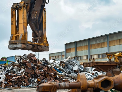 Industrial scene of a large electromagnet lifting scrap metal in a recycling yard, emphasizing the power and utility of magnetic technology photo