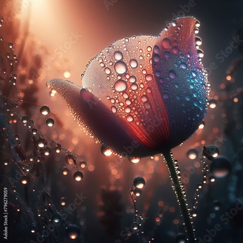  A solitary flower petal, glistening with morning dew, photoreal photo