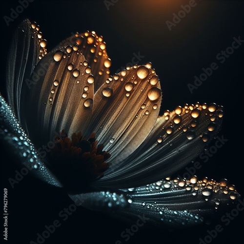  A solitary flower petal, glistening with morning dew, photoreal photo