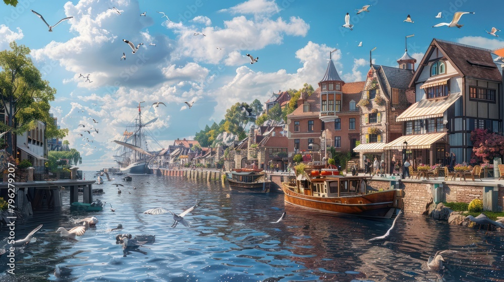 Fototapeta premium coastal town with a bustling seafood restaurant overlooking the harbor, where boats unload their catches and seagulls soar overhead.