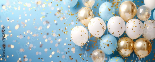 Birthday party design with white balloons, gold confetti, and blue accents photo