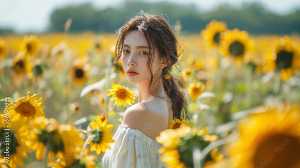 Beautiful woman standing in Sunflower field on bright summer day. She gazes over her shoulder. Calmness. Nature. Relaxing. Beautiful woman standing in Sunflower field on bright summer day. She gazes over her shoulder. Calmness. Nature. Relaxing.