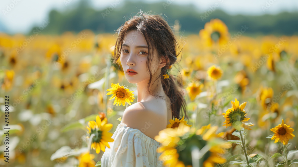 Beautiful woman standing in Sunflower field on bright summer day. She gazes over her shoulder. Calmness. Nature. Relaxing. Beautiful woman standing in Sunflower field on bright summer day. She gazes over her shoulder. Calmness. Nature. Relaxing.