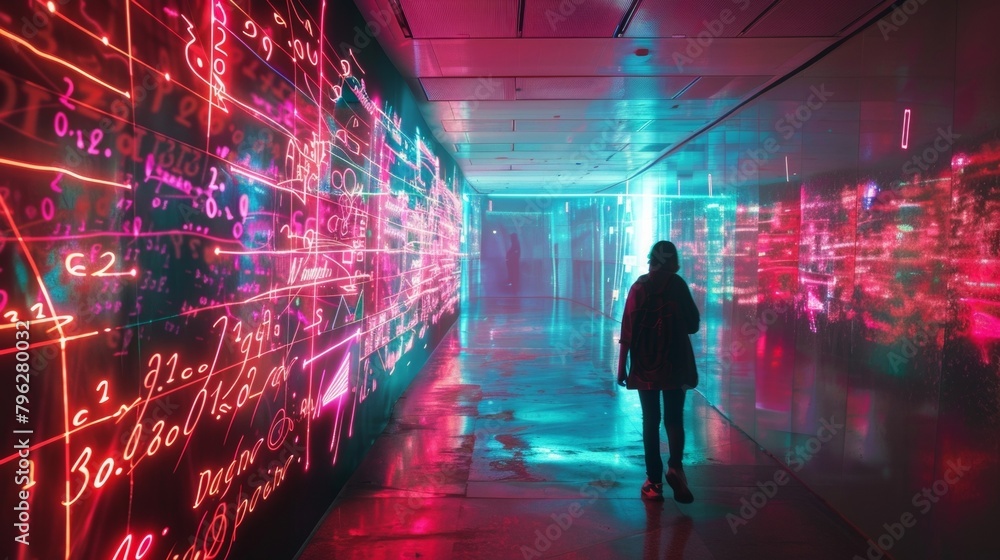 A photograph of a person walking through a brightly lit hallway with bright neon equations and formulas projected onto the walls conveying the idea of a symphony of mathematical and .