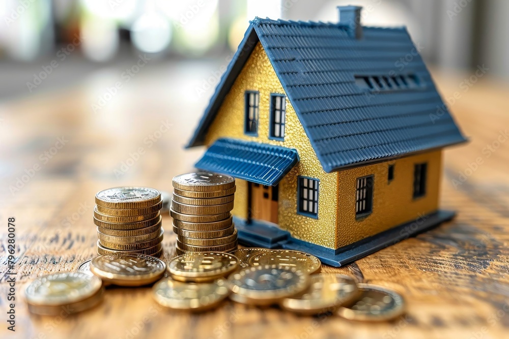 A small yellow house sits next to a large stack of gold coins. A small yellow house sits next to a large stack of gold coins.