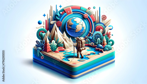Abstract Map Themed Wallpaper with 3D Flat Icons: Expedition Echoes Revisited in Isometric Scene