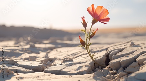 One Tiny Flower Blooms Amidst Dry Land - A Sign of Hope and Life After the Disaster