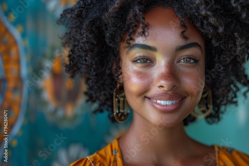 A woman with curly hair and freckles exudes joy in a bohemian-style environment with vibrant patterns in the background © Larisa AI