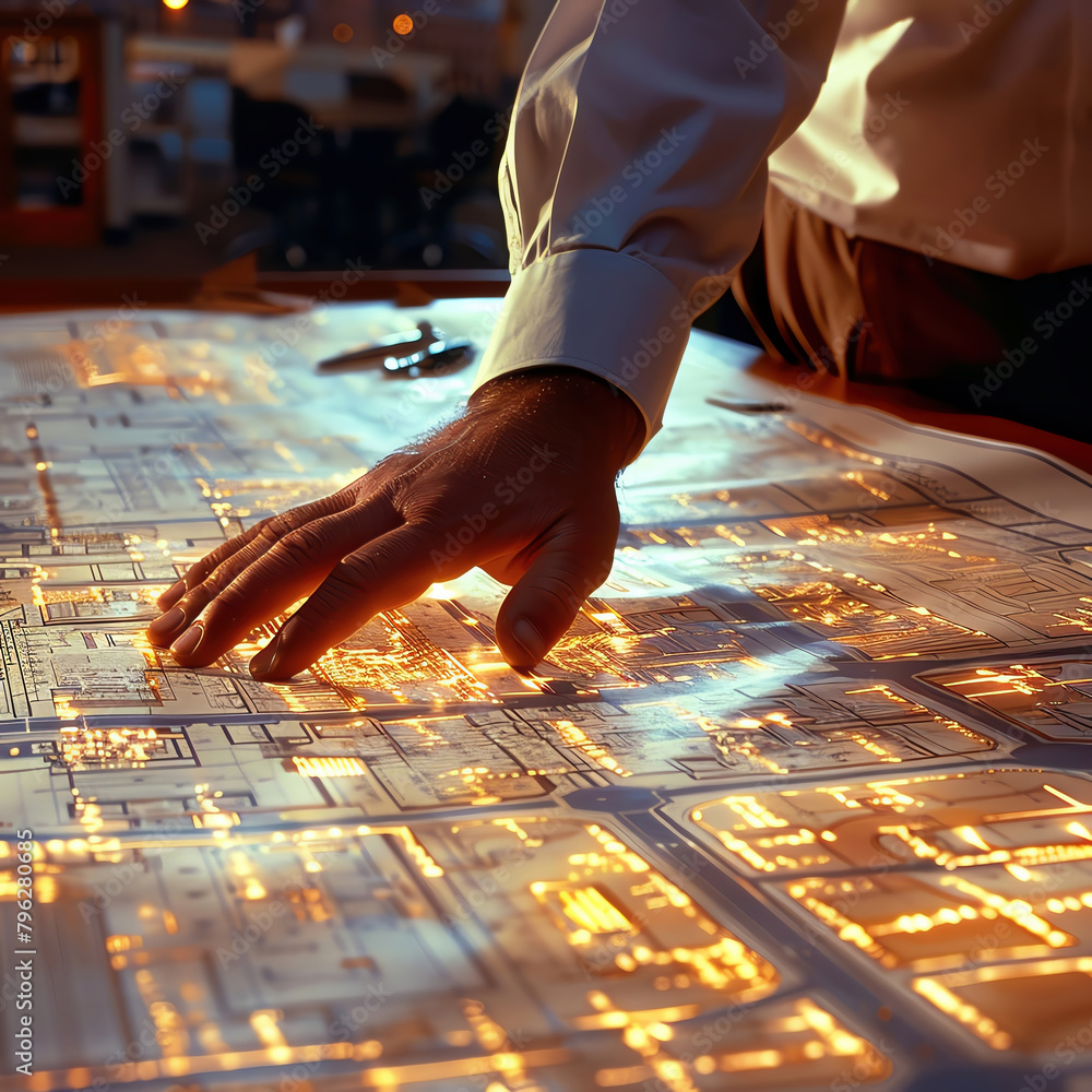 Architect reviewing building plans large blueprints spread out on a ...