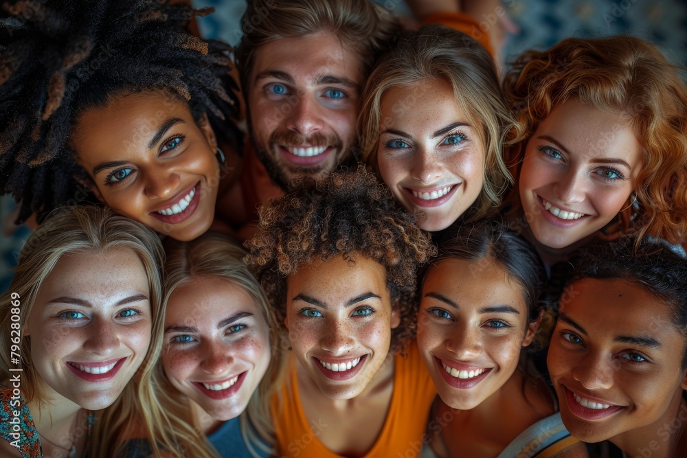 A tight-knit group of diverse friends looking up at the camera, all sporting radiant smiles