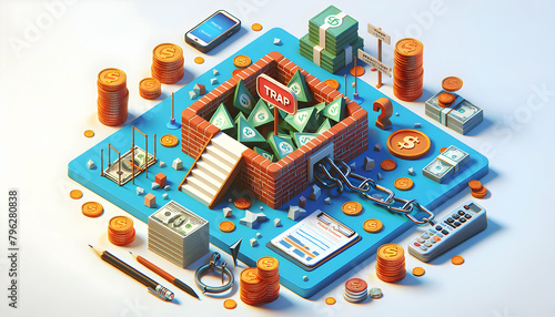 3D Flat Icons: A Guide to Fiscal Folly and Avoiding Financial Missteps in Trading - Isometric Scene photo