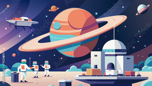 A futuristic depiction of a space station orbiting a planet made entirely of es with robots and astronauts harvesting and packaging the colorful