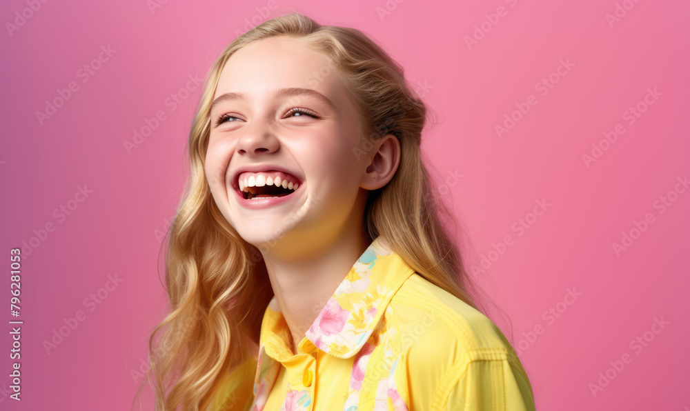 generated illustration Blond young woman laughing on a colorful background generated illustration Blond young woman laughing on a colorful background