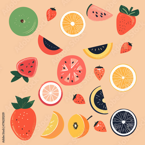 Fruit pattern with watermelon  orange  lemon  strawberry. Vector illustration