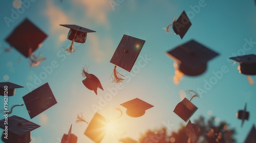 Sequence of mortarboards in mid-air signifying academic achievement photo