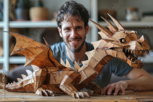 Man showcases a large, detailed cardboard dragon sculpture at home photo