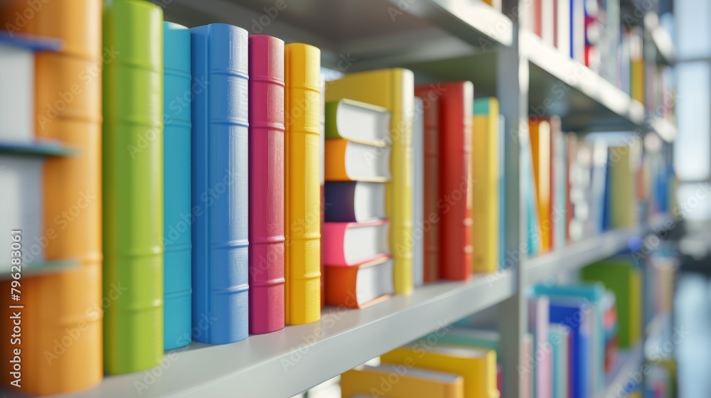 Colorful Books Lined Up on White Shelves Colorful Books Lined Up on White Shelves