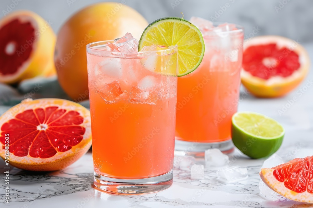Citrusy Paloma Cocktail with Refreshing Grapefruit and Lime on Marble Background - Perfect Drink Citrusy Paloma Cocktail with Refreshing Grapefruit and Lime on Marble Background - Perfect Drink