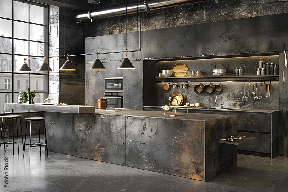 Contemporary modern kitchen interior in dark grey colors and concrete elements.