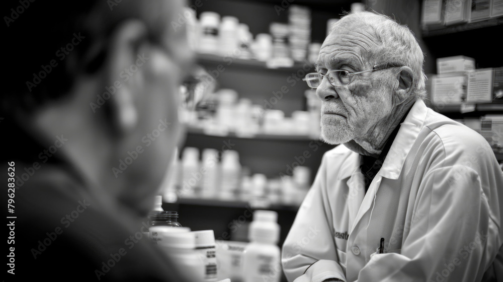 An elderly man sits at a table in a pharmacy, surrounded by various medications and health products