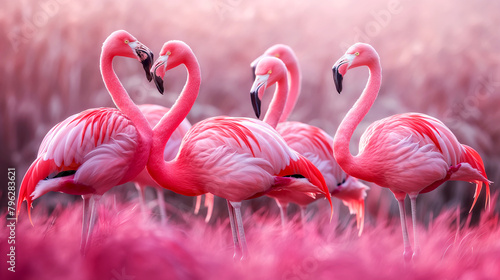 Illustration of pink flamingos in pink grass © larisabozhikova