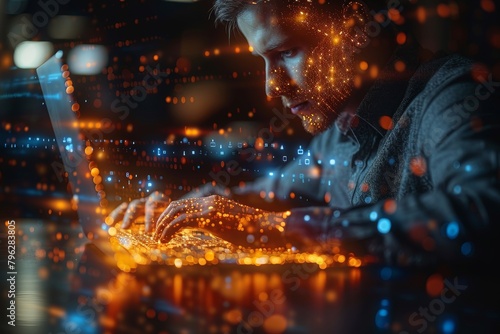 An intense image of a man with a digital interface surrounding him, depicting modern connectivity with technology © Larisa AI