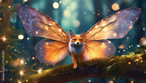 Twilight Moth Fox - A fox with large, twilight-colored moth wings, resting on a branch  photo