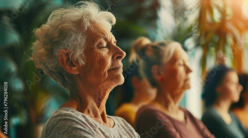 Senior Women Friends Finding Peace and Fitness through Yoga in Studio