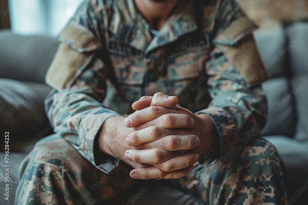 A close-up shot displaying the strong, interlocked hands of a military individual in uniform, symbolizing readiness and discipline A close-up shot displaying the strong, interlocked hands of a military individual in uniform, symbolizing readiness and discipline