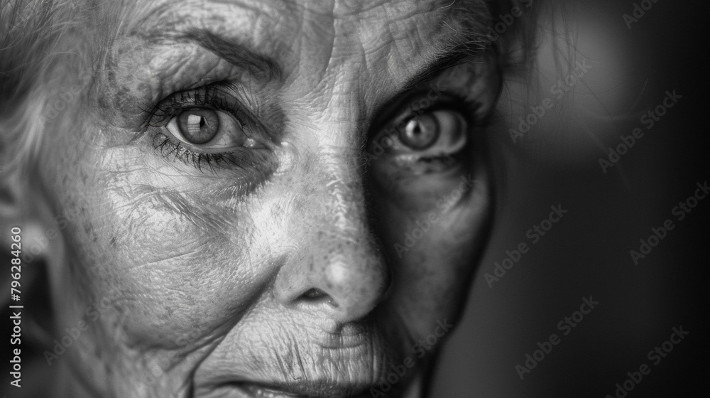 A black and white portrait of a weathered and experienced actress her lined face and wise eyes a testament to the journey she has taken in the competitive world of acting. . A black and white portrait of a weathered and experienced actress her lined face and wise eyes a testament to the journey she has taken in the competitive world of acting. .