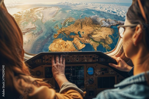 An aerial view of the Earth from the cockpit of an airplane. photo