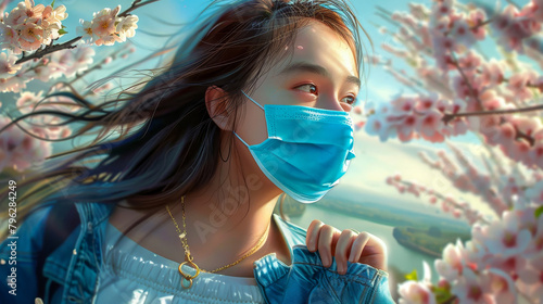 A beautiful girl with long brown hair wearing a blue mask standing in a field of cherry blossoms. photo