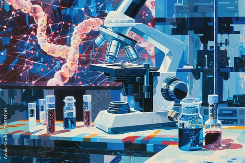 Gene Therapy: Artistic Illustration of Genomic Medicine Research Under Microscope in Studio Setting photo