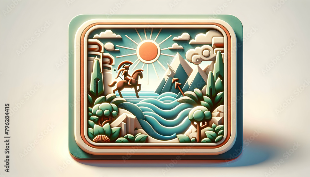 3D Flat Icon: Odyssey Origins - Tracing the Epic Journey on a Map in Isometric Scene