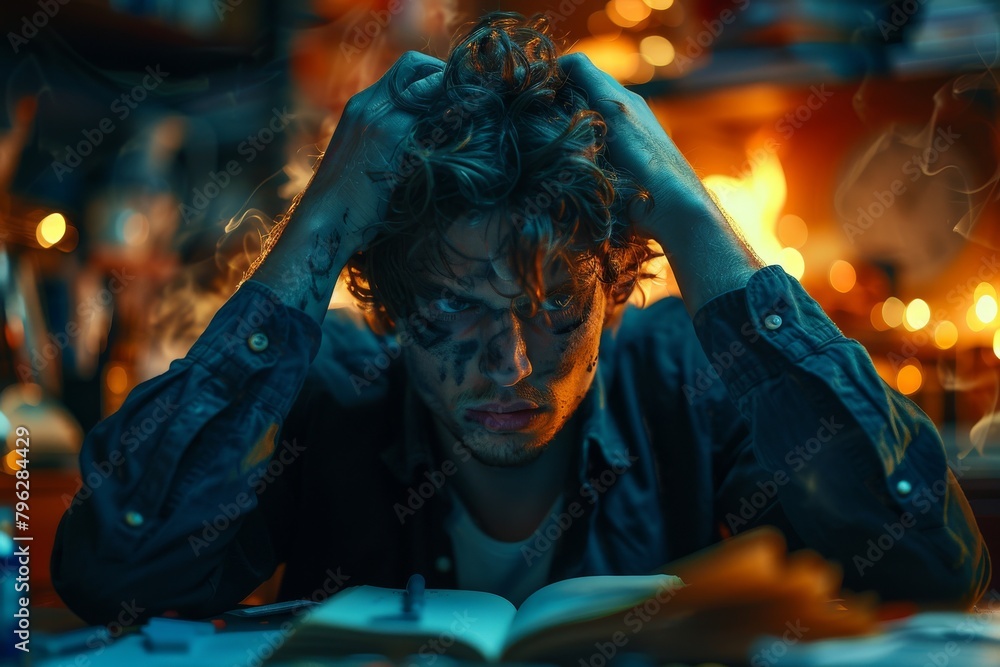 Fototapeta premium An individual appears deeply exhausted, resting their head in their hands while studying in a warmly lit environment