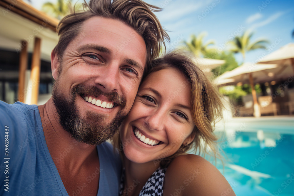 Picture generated with AI of cheerful happy couple enjoy expensive resort vacation Picture generated with AI of cheerful happy couple enjoy expensive resort vacation