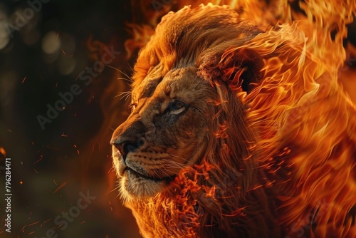 Fiery King of the Jungle: Portrait of a Majestic Fire Lion with Intense Blaze Mane and Wild