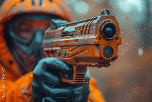 An individual in an orange hazmat suit points a weapon forward, implying action and intensity photo