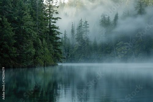 Misty Morning in the Pacific Forest with Fog Rolling in from the Lake and Stunning