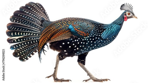 Isolated Helmeted Guinea Fowl Bird with Striking Blue and Black Feather Pattern on White Background photo