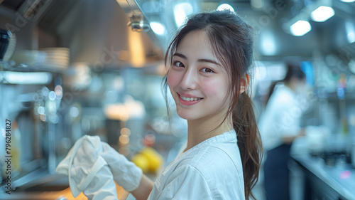 Asian cleaning company staff is cleaning greasy range hood in kitchen,generative ai