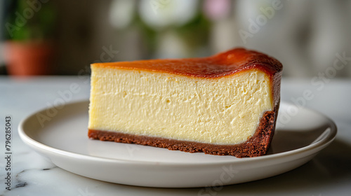 A Classic Cheesecake Slice With A Burnished Top, Close-Up On A White Plate
