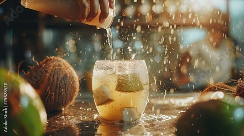 A beautiful image of a coconut-based drink being prepared, with the refreshing taste and health benefits of the coconut water.