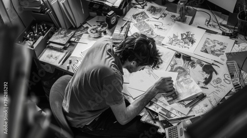 In their cluttered studio the gaming creator hunches over their work completely absorbed in designing the graphics for their upcoming game. Surrounding them are sketches and concept . photo