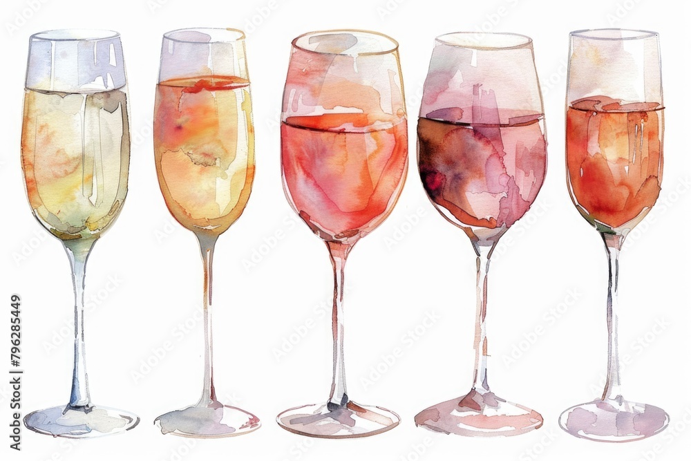 Watercolor Wine Glass Collection - Set of Isolated Wine Glasses in Red, White and Rose Colors Watercolor Wine Glass Collection - Set of Isolated Wine Glasses in Red, White and Rose Colors