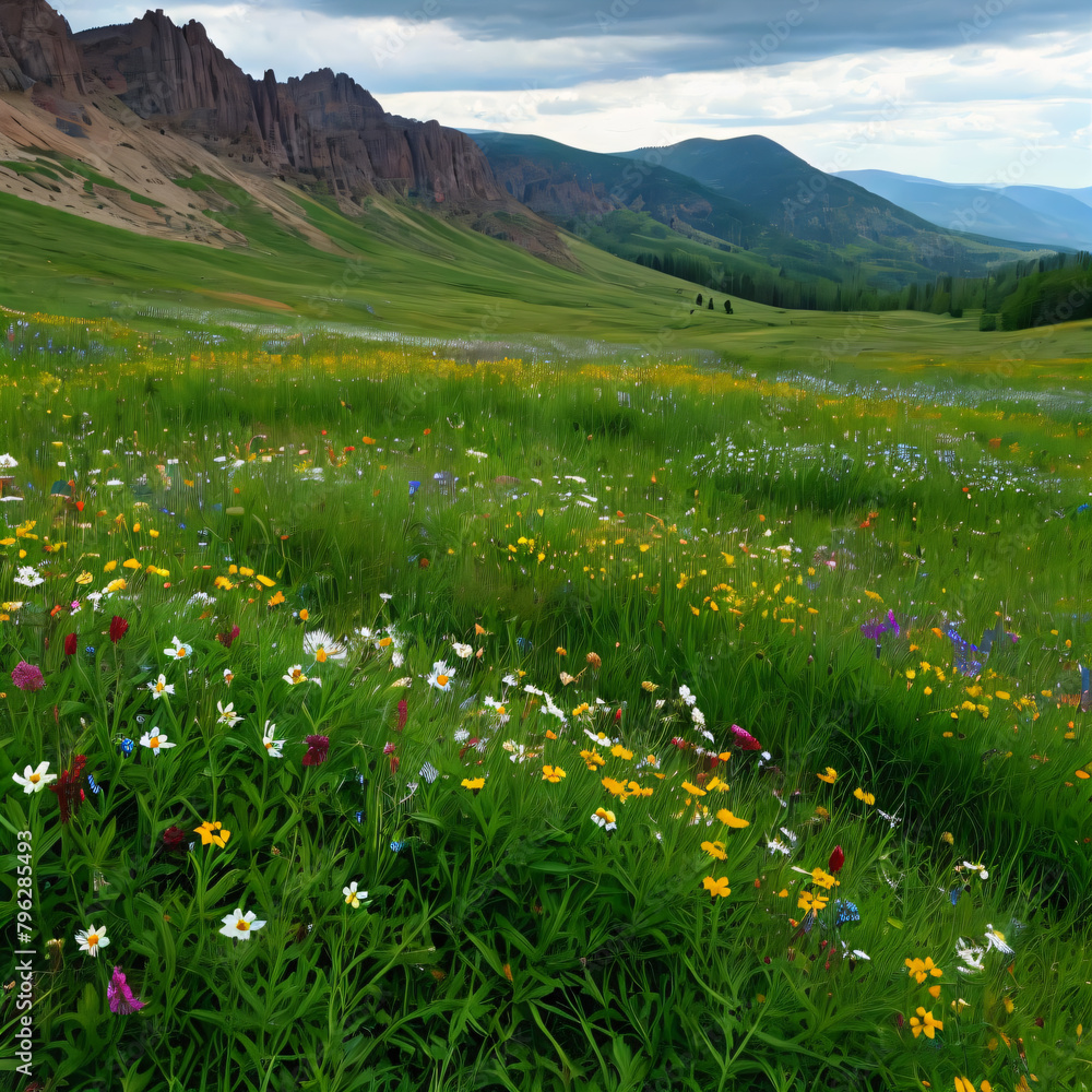 Serene Meadow Amidst Majestic Mountains and Colorful Wildflowers
