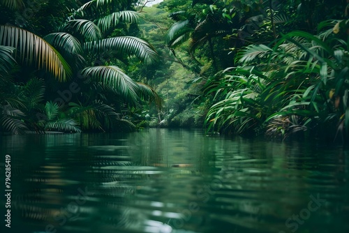Discover vibrant Costa Rican rainforest with lush greenery and tranquil waterways. Concept Nature Photography, Tropical Escape, Rainforest Adventure, Greenery Exploration, Waterway Discovery