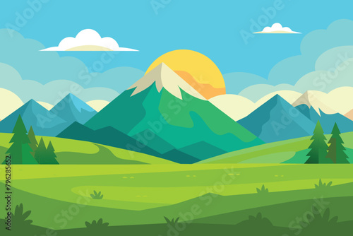 Cartoon flat panorama of spring summer beautiful nature  green grasslands meadow with mountains on horizon background  summer mountain landscape  dawn over the valley